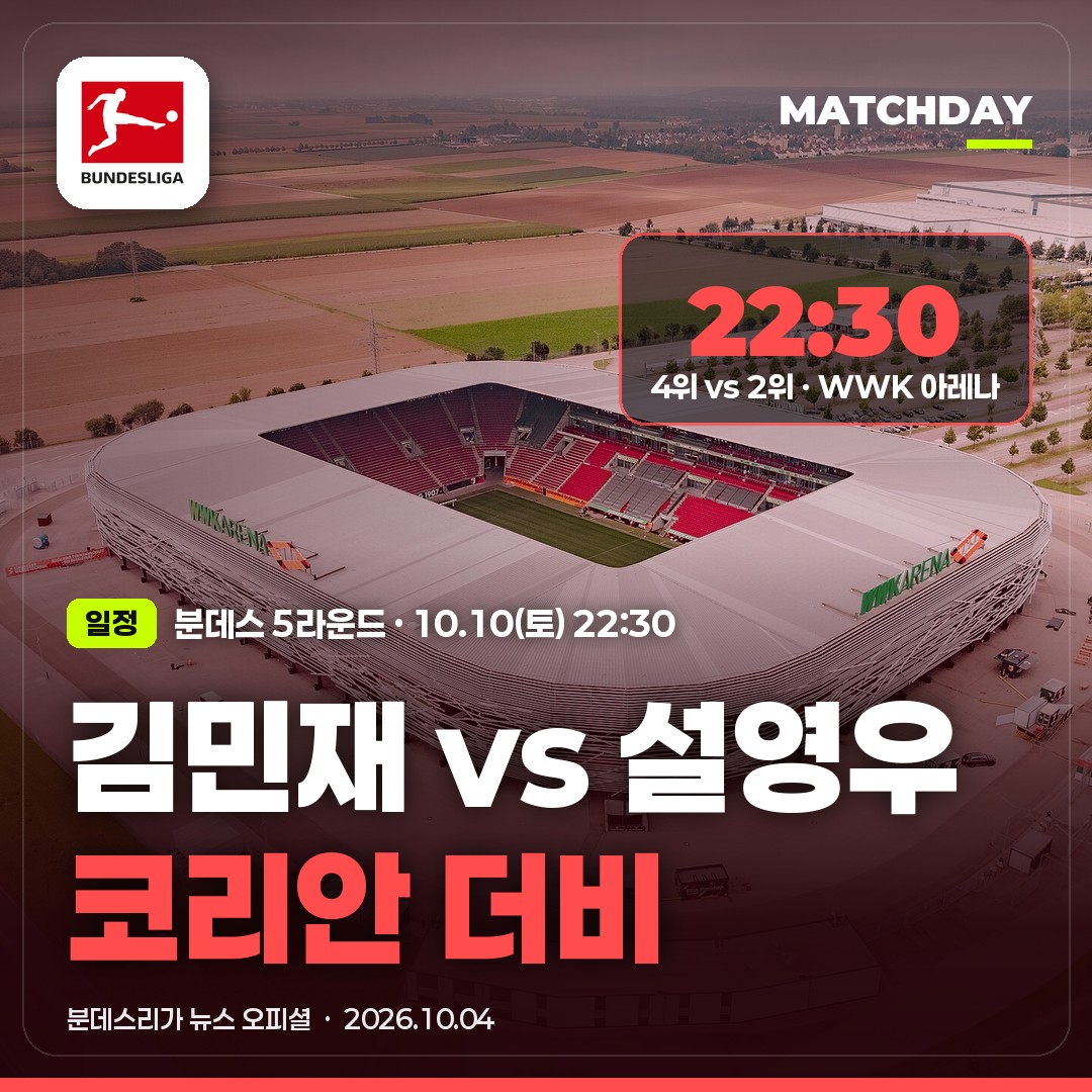 김민재 설영우 코리안 더비 10/10(토) 밤 10시 30분｜아우크스부르크 vs 바이에른 · 4위 vs 2위 · 이재성 황희찬 카스트로프 일정