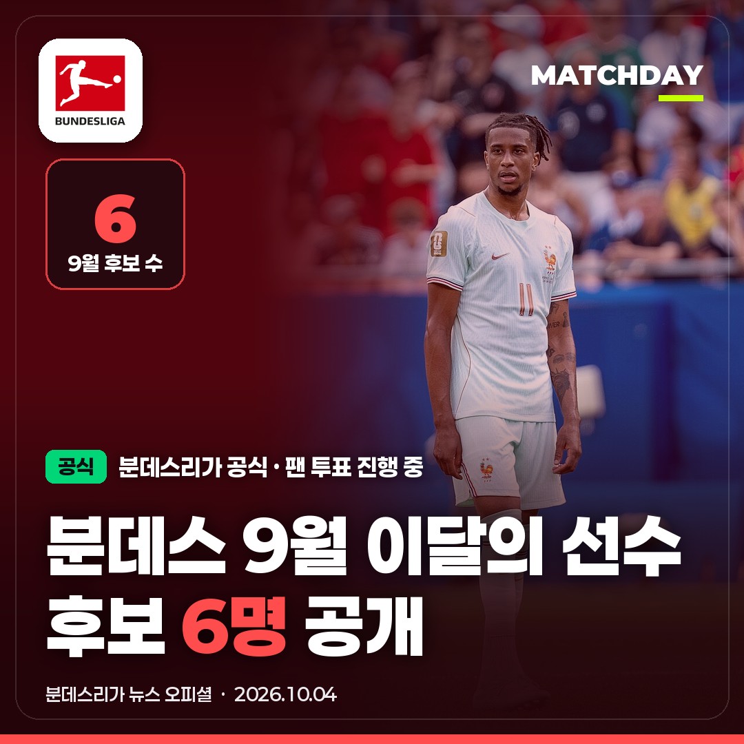 분데스리가 9월 이달의 선수 후보 6명｜올리세 유력? 마인츠 티츠 · 프라이부르크 2명 · 투표 진행 중